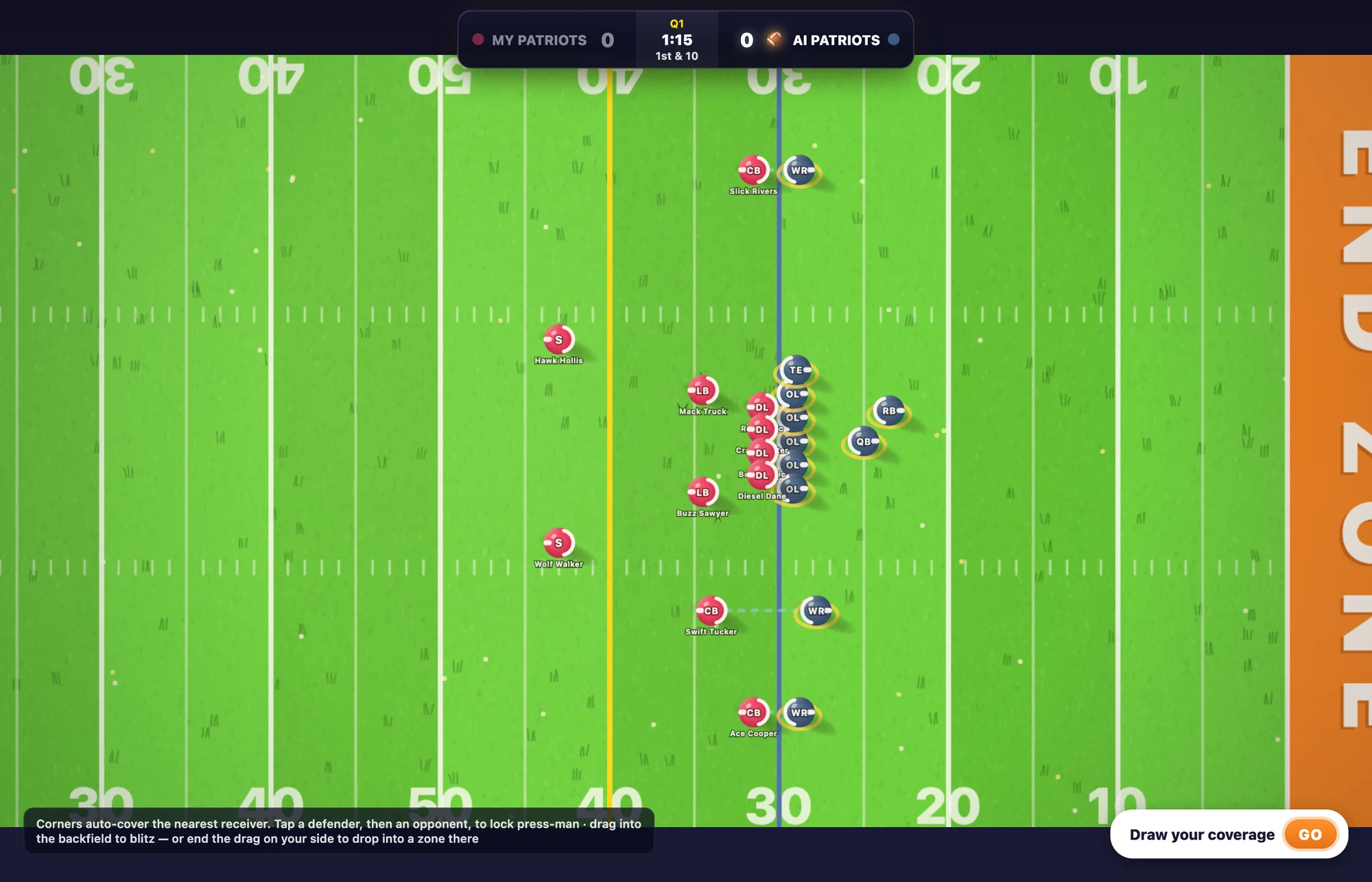 The Murica Bowl playing field showing red and blue helmet tokens lined up at the line of scrimmage with player names and a live scoreboard.