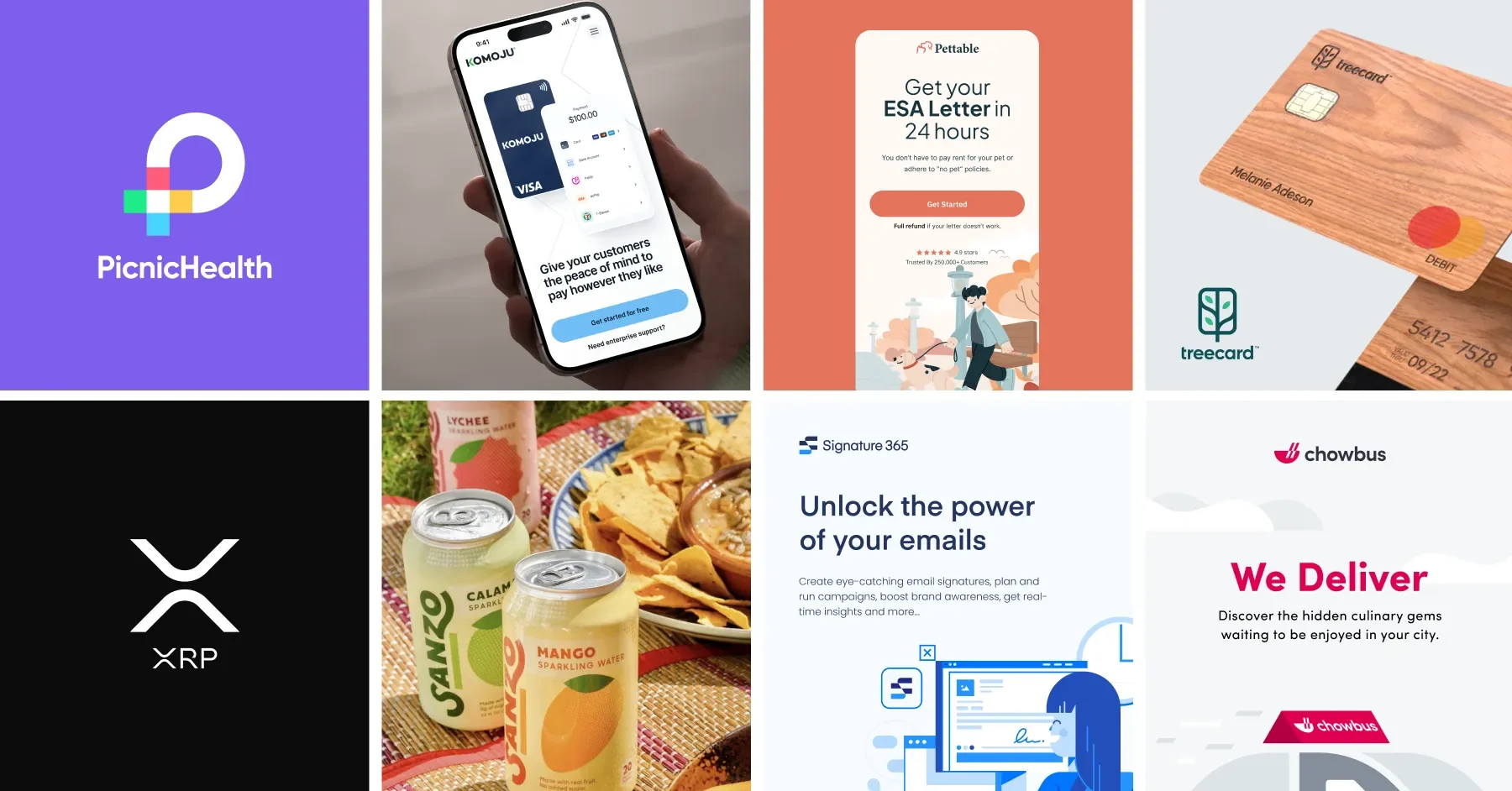 A grid of Sandsgaard client work including PicnicHealth, KOMOJU, Pettable, Treecard, XRP, Sanzo, Signature 365 and Chowbus.